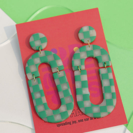 Green Checkered Drop Earrings