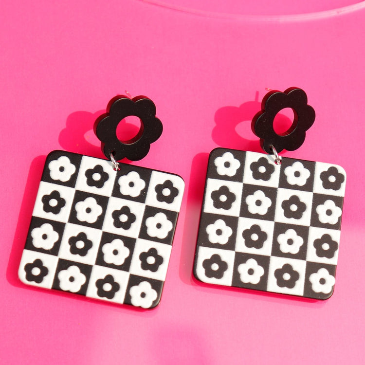 Acrylic Floral Checkerboard Earrings
