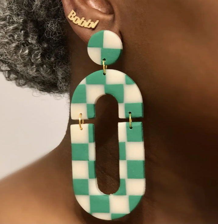 Green Checkered Drop Earrings